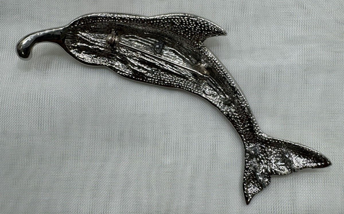 Rhodium Plated Pink Dolphin Brooch (4”). Made with Swarovski