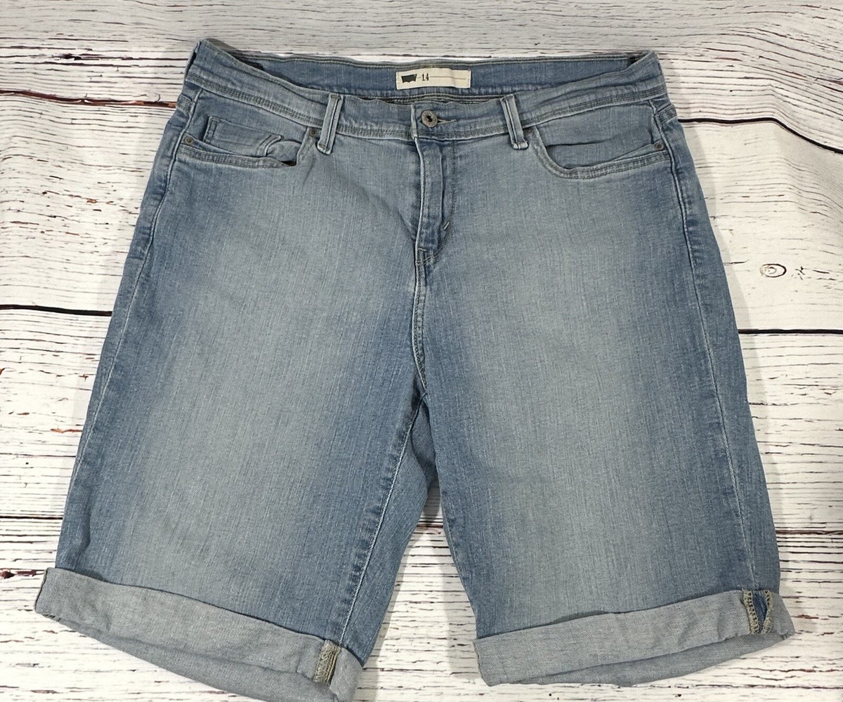 Levis Womens Jean Shorts Size 14 Light Blue Denim Cuffed Hem Longer 10”  Length