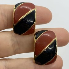 VTG LARGE WIDE HALF HOOP BURGUNDY BLACK THICK STRIPE GOLD EARRINGS CLIP-ON WIDE