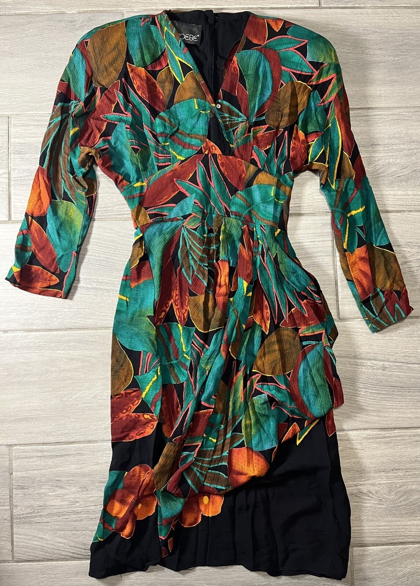 VTG Phoebe 80s 90s Rayon Dress Size 10 Green Black Abstract Made in USA