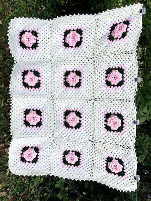 Vintage Hand-Crocheted 3D ROSES Afghan Throw Blanket 47  X 38  White Pink Square