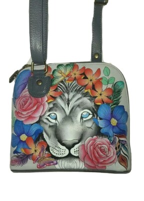 Anuschka Hand-Painted Leather Domed Crossbody Satchel Bag-Lion Magic-NWT-$169