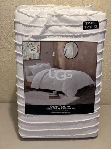 Ugg Devon Textured Twin/Twin XL Comforter Set 66X90 1Sham 26X21  White NEW - Afbeelding 1 van 9