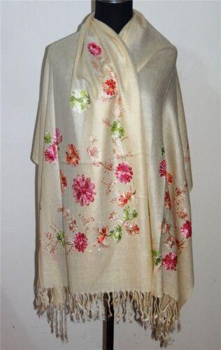Chinese Ladies Soft Cashmere Pashmina Embroidered Shawls/Scarves/Wrap champagne - Zdjęcie 1 z 1