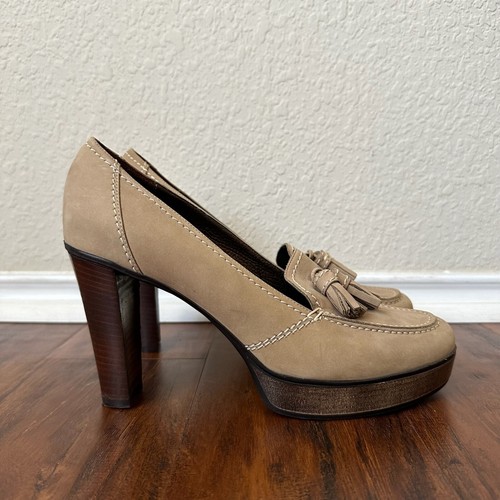 NWOB SESTO MEUCCI Platform Heel Tasseled Loafer in Tan Nubuck Leather US 9.5M