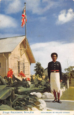 SUVA, FIJI ~ NATIVE POLICEMAN, FLAG, POSED IMAGE, STINSONS PUB  ~ used 1958