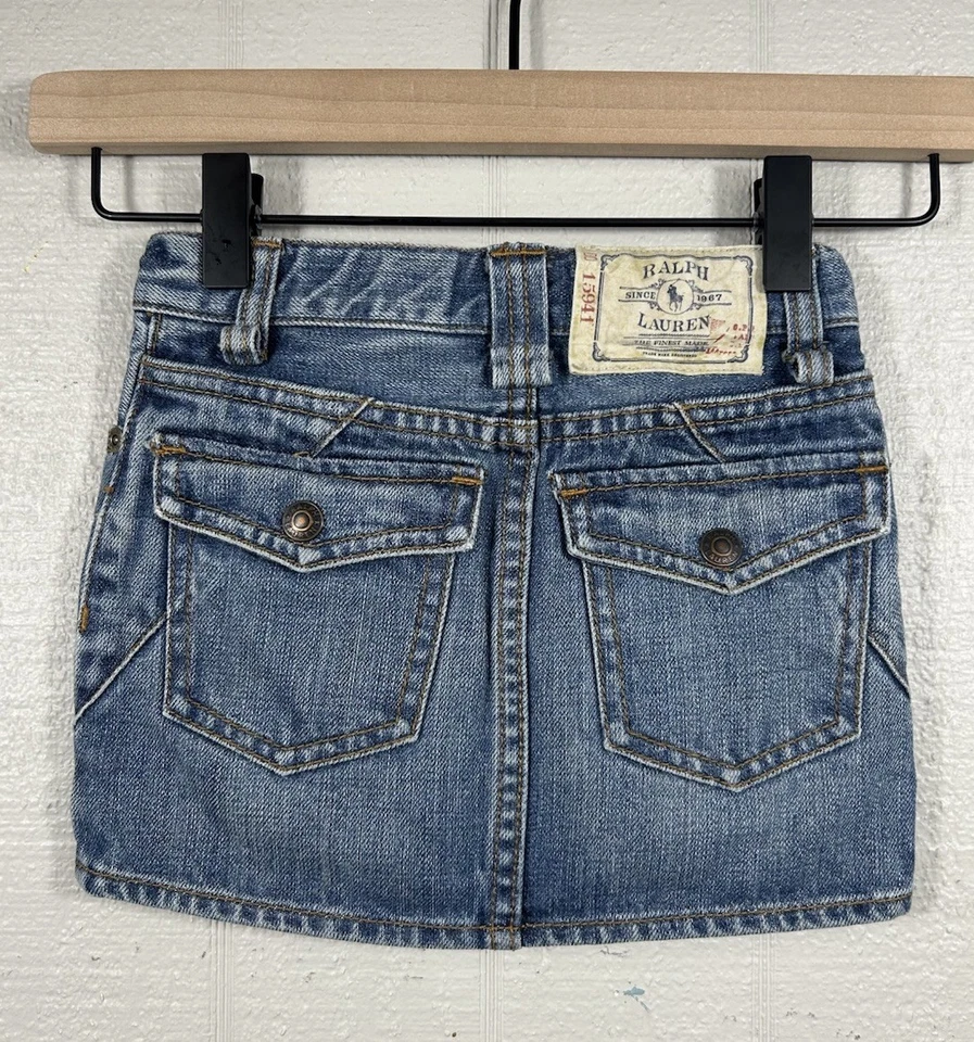 Falda vaquera Y2K Label Ralph Lauren para niñas talla 4/4T diseño bolsillo delantero solapa trasera Foto 2 de 4