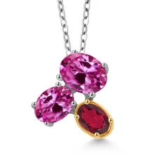 925 Silver and 10K Yellow Gold Pink Created Sapphire and Ruby Red Mystic Topaz