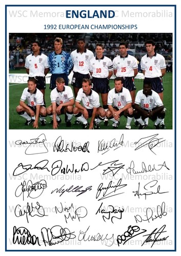 12676. England Euro 92 Signed Team Picture Sheet (PRINTED AUTOGRAPHS - A4)