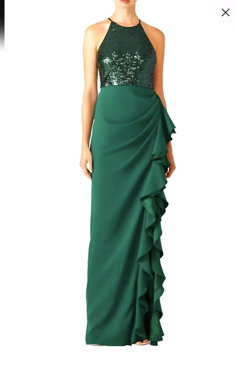 badgley mischka green velvet dress Pleated V Neck Gown main image 1