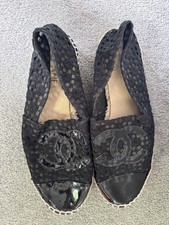 Chanel Black Lace CC Logo Slip-On Espadrilles – Authentic – Very Good Condition