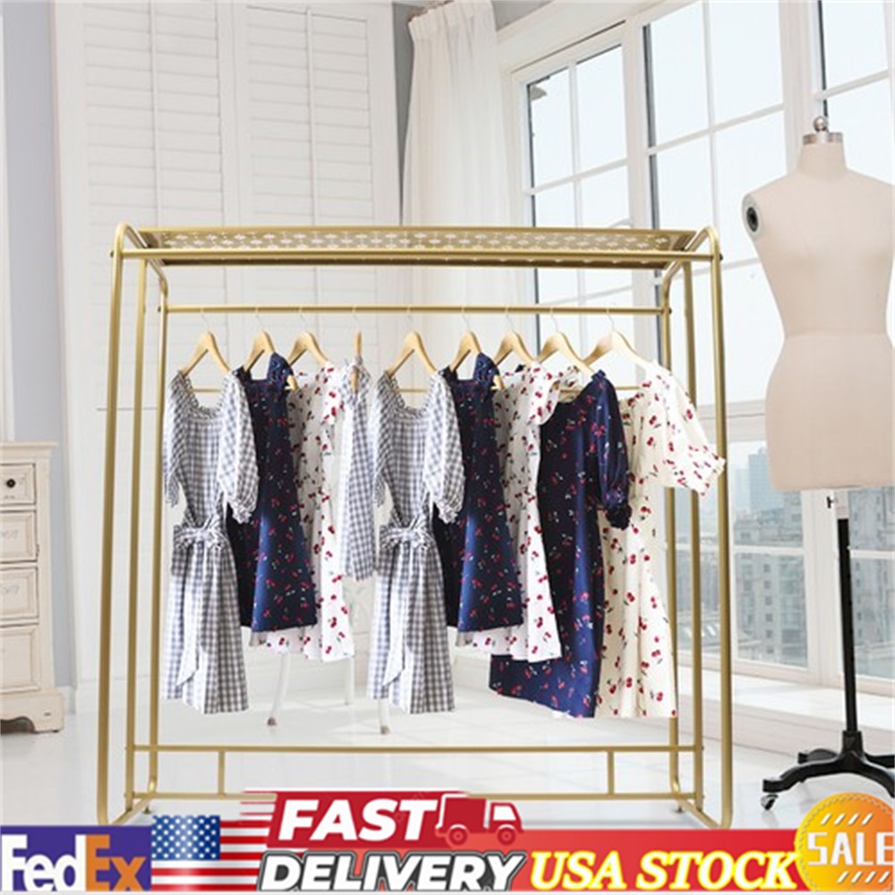 Golden Metal Garment Rack Double Rod Hanging Clothes Organizer