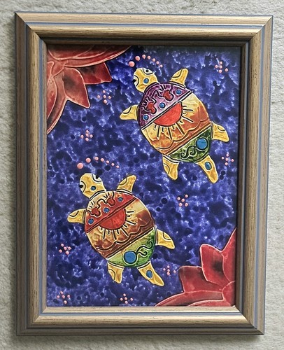 Framed Artisan Made Wall Plaque Tile Turtles  - Picture 1 of 4