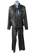 Vintage Cache Polytricot Brushed Foil Print Pant  Jacket Set Metallic Y2K Sz 12