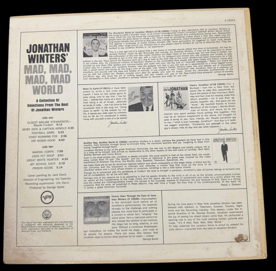 Jonathan Winters Mad World LP Vinyl Record Album Comedy - Image 2 of 4