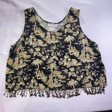 VTG Y2K Key Lime Pie Asian Chinoiserie Toile Crop Top Beaded Fringe Sz L Black