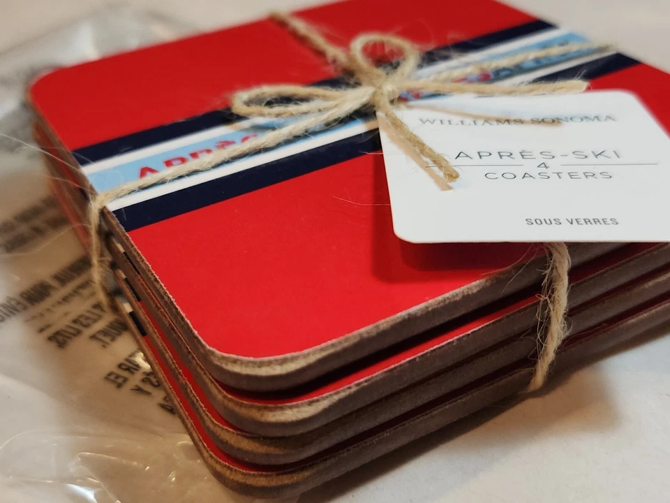 WILLIAMS SONOMA Après Ski Coasters Set of 4 French Sous Verres Cork Back 4x4 NIP - Image 2 of 4