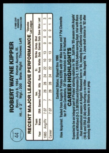 1986 Donruss - Rated Rookie #44 Bob Kipper (RC) Pittsburgh Pirates Baseball Card - Picture 2 of 2