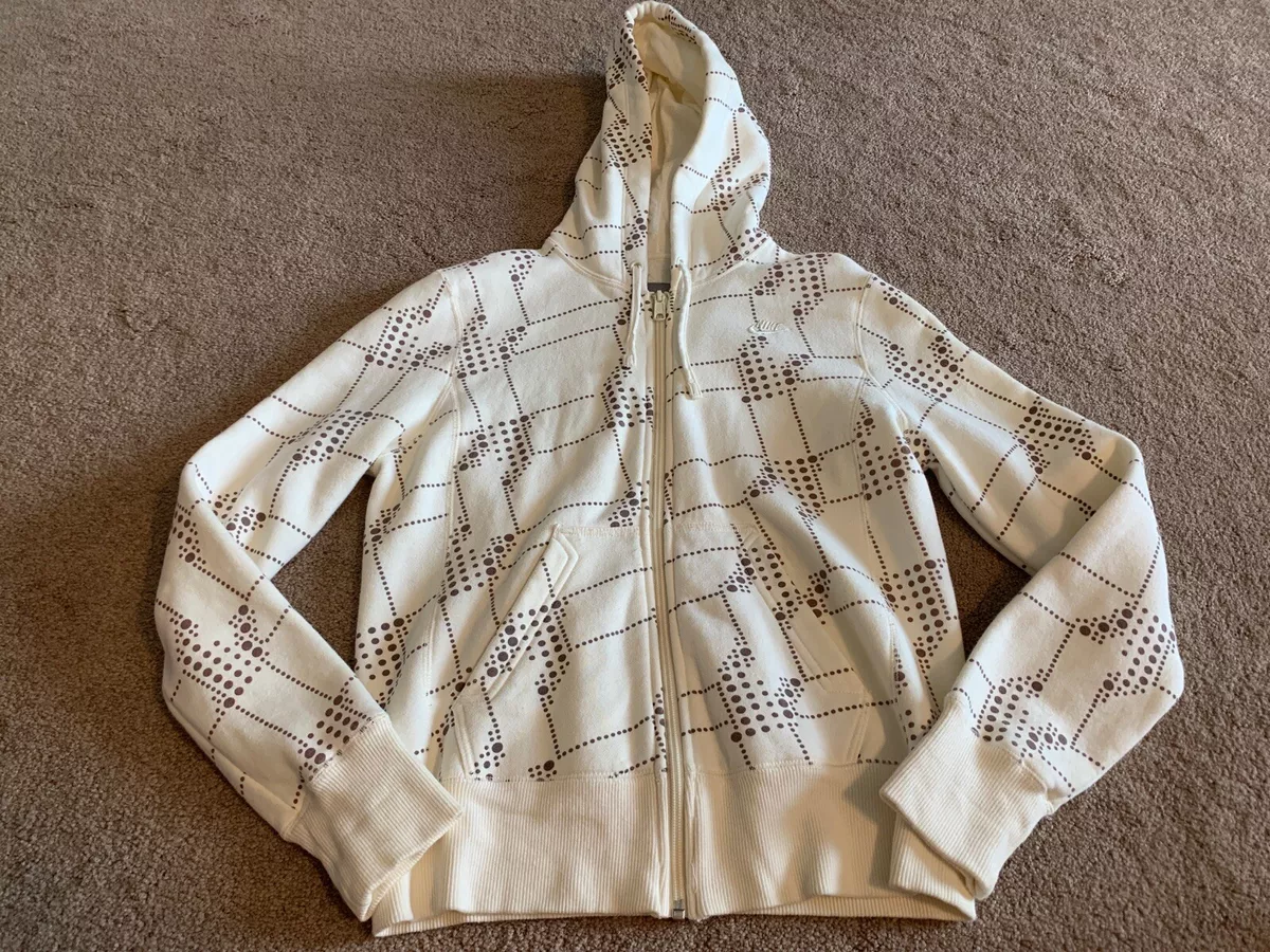 Nike Cream brown pattern Hoodie Sweatshirt jacket coat Small Full Zip pockets