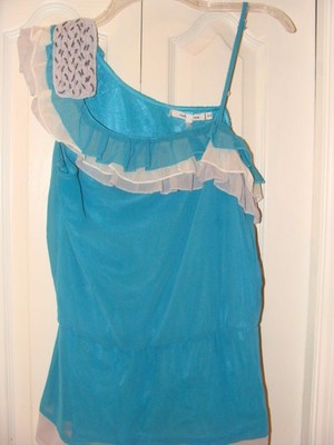 ''Ruby Rose'' LARGE TURQUOISE BLUE Peplum One-Shoulder Top Enbellished Chain! 