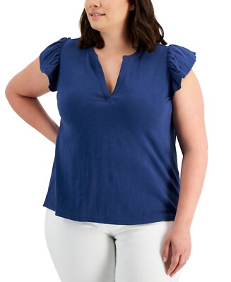 Style & Co Plus Size Cotton Flutter-Sleeve Top, Blue Socket Size 1X