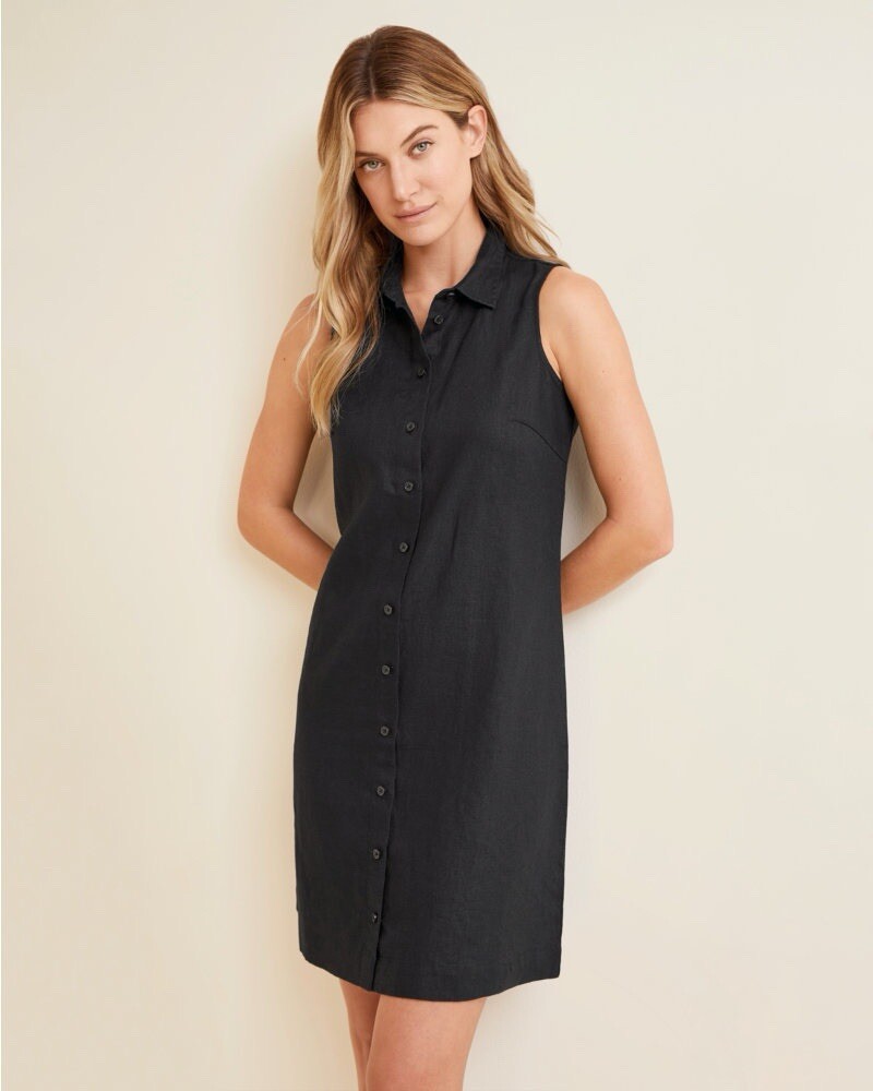 knee length dresses for ladies LIGHTWEIGHT DANNI DRESS IN ITALIAN LINEN COTTON NAVY MELANGE