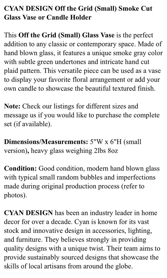 Jarrón o candelabro de vidrio corte humo fuera de la red (pequeño) CYAN DESIGN Foto 3 de 4