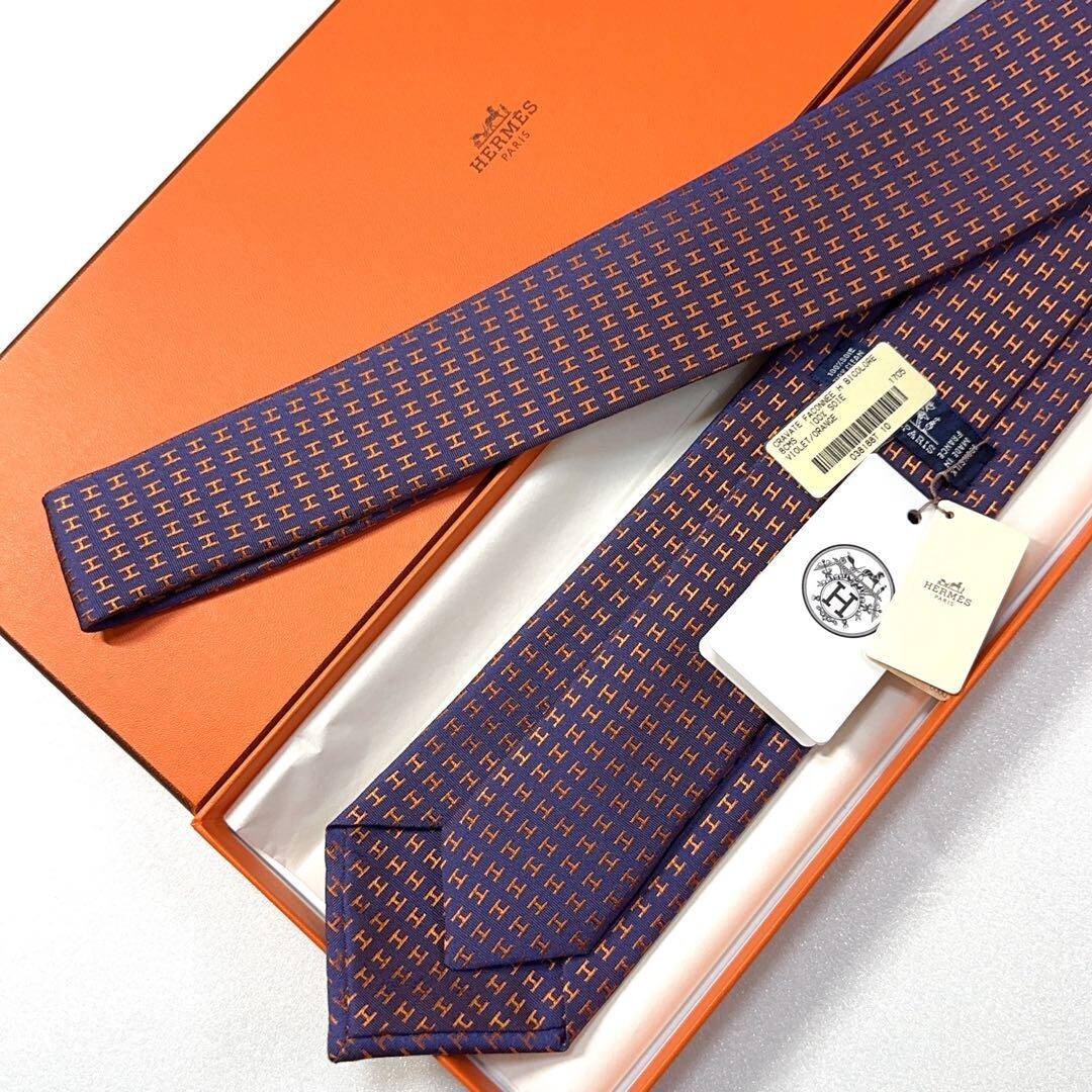 HERMES Necktie Tie Purple H logo pattern 100% Silk made in France