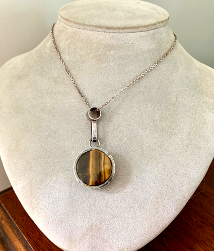 Vintage Scandinavian Modernist 925 Silver Tiger Eye Pendant Finland - Signed CS - Picture 5 of 12
