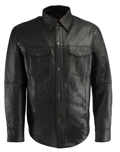 Men's Leather shirt 100% Genuine Lambskin Motorcycle Jacket Uniform Shirt Black - Picture 1 of 10