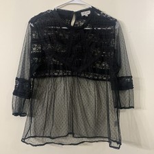 J Gee Top Womens Sz L Black Sheer Fairy Grunge Whimsigoth Lace Babydoll Blouse