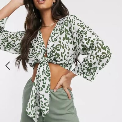 Akasa Damen exklusives Strandshirt mit Knoten vorne in Khaki Animalprin, Größe UK 8