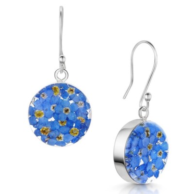 Massive 925 Silber echte Vergissmeinnicht Blumen runde blaue Ohrhänger