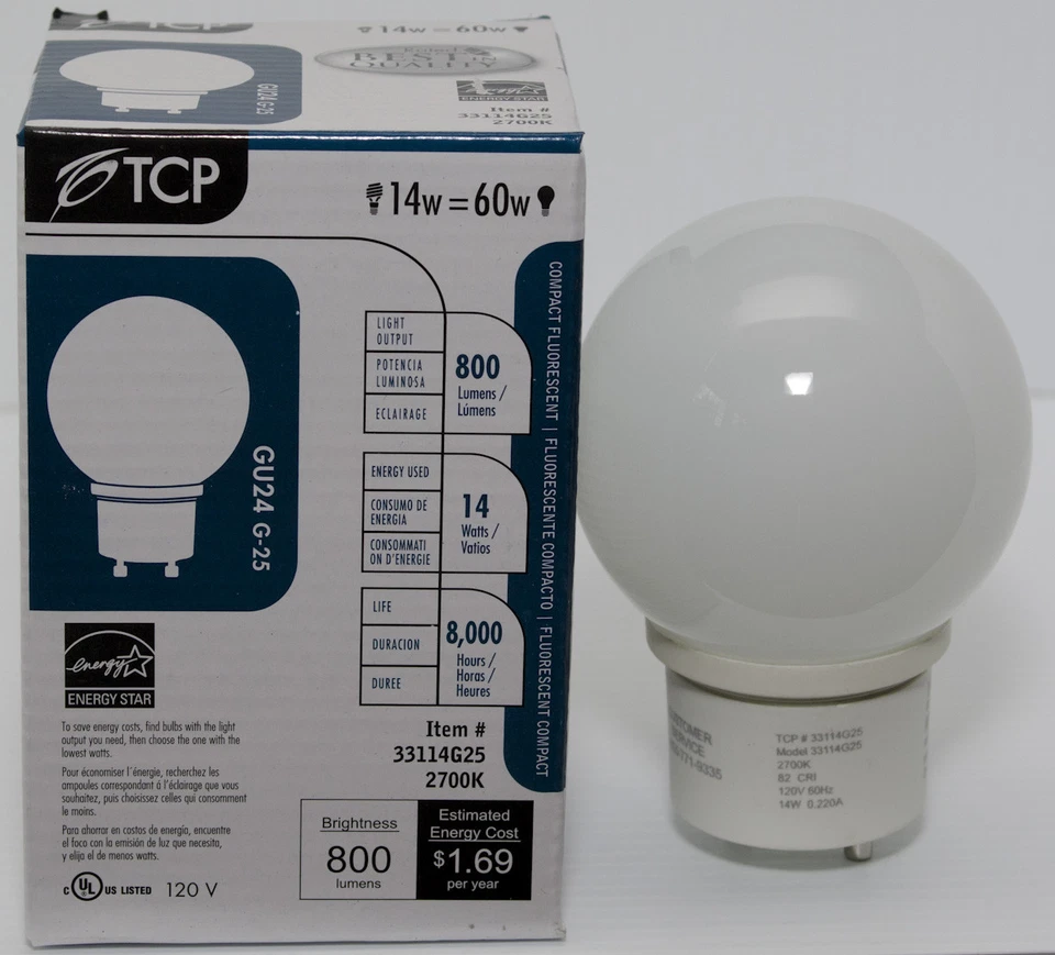 TCP GU24 Covered CFL Bulbs Energy Star Compliant 14W G25 Globe (33114G25) - Image 2 of 2