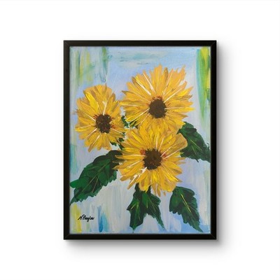 Original Signed 12x16 Impressionist Sunflower Acrylic Canvas Wall Art Green Blue