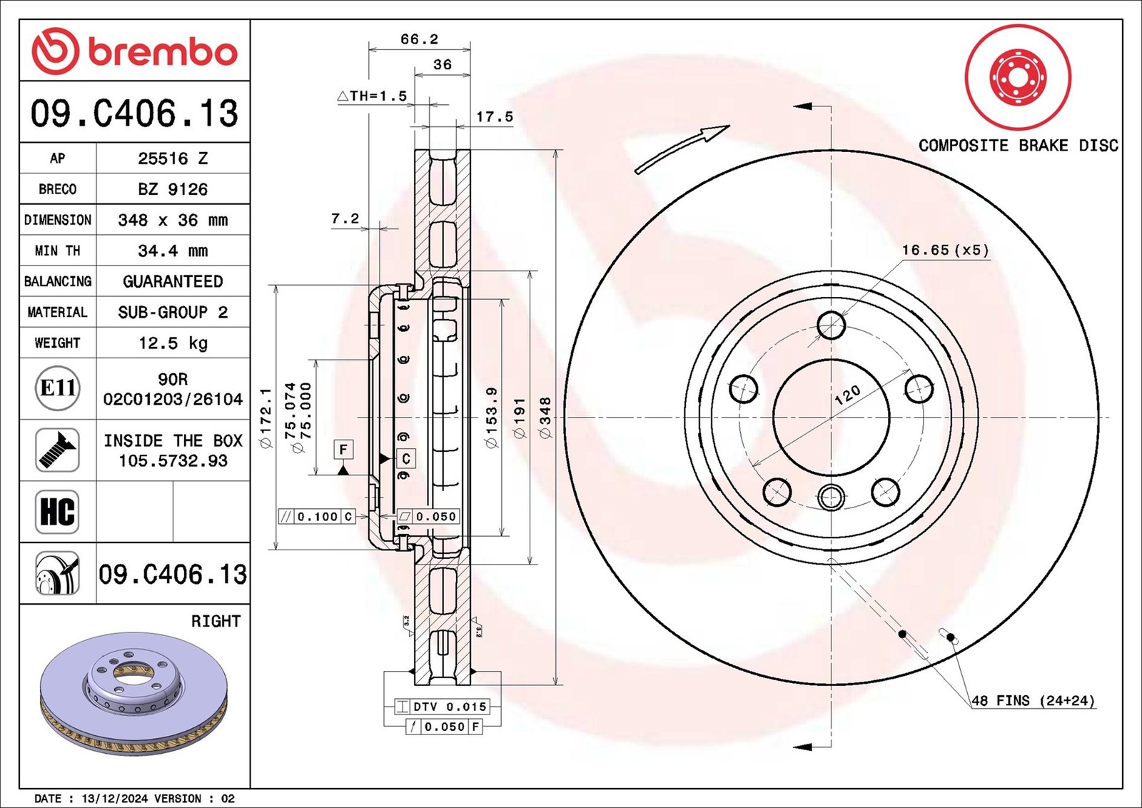 Brake Disc Single Vented fits BMW 550 F10, F11 4.4 10 to 17 348mm Brembo Quality