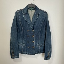 Ralph Lauren Denim Jacket Blazer Crest Buttons Double Breasted RL Women's Size 8