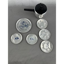 VTG Aluminum Childrens Tea Set Plates Litho Graphics Toy Dishes Coffee Pot Lot