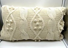 Pottery Barn Cable Knit Pom Pom Cream Winter Holiday Lumbar Throw Pillow 16x26