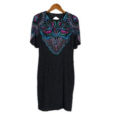 Vintage Beaded Cocktail Dress Black Sequin Art Deco 80s 90s Glam 8