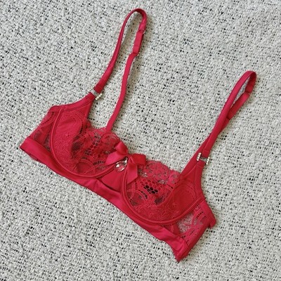 Honey Birdette Red Lace Underwire Bra 32A Satin Bow Crystal Charm Lingerie