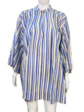 Doen Women's White Blue Vertical Stripe Pleated Silk Short Mini Dress Size XL