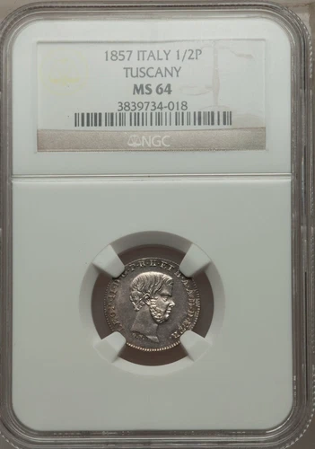 ITALY TUSCANY  1857  "MEZZO PAOLO" SILVER COIN UNCIRCULATED NGC CERTIFIED MS-64