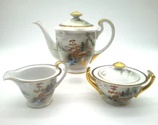 Kutani Porcelain Gold Country Village Mountain River Teapot Creamer Sugar Bowl