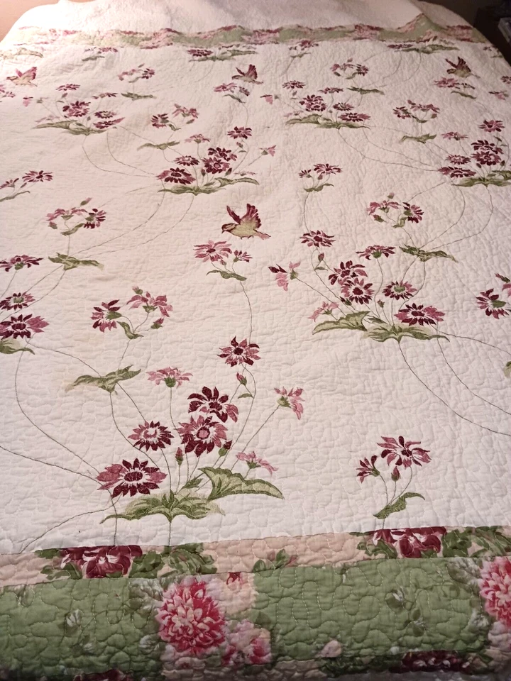 Edredón Pretty King Patchwork Rosa Rosa y Verde Primavera Flores Bordadas Pájaros Foto 4 de 4