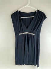 Express Short Dress Women's Size Small Navy Blue Jewel Pleated Plunging  V-neck
