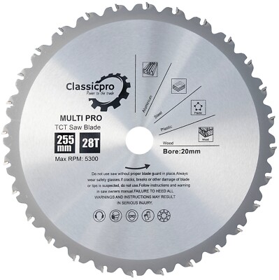 255 mm x 25,4 mm Mehrzweck Schneiden Kreissägeblatt 28 Z UK.