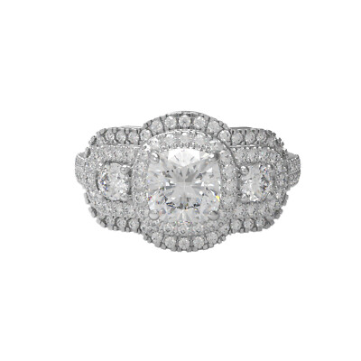 925 Sterling Silver Cushion Cut Moissanite Double Halo Three Stone Women Ring