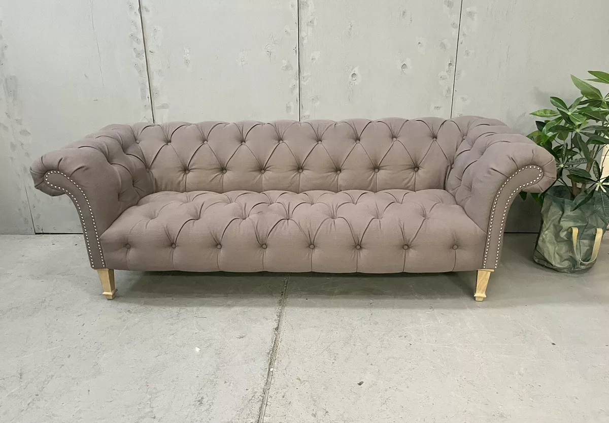 Large Next Gosford 3 Seater Grey Linen Fabric Chesterfield Sofa