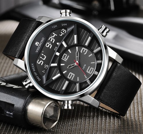Dual Analogue Digital Mens Sport Watches Waterproof Leather Strap Men Wristwatch - Picture 6 of 19
